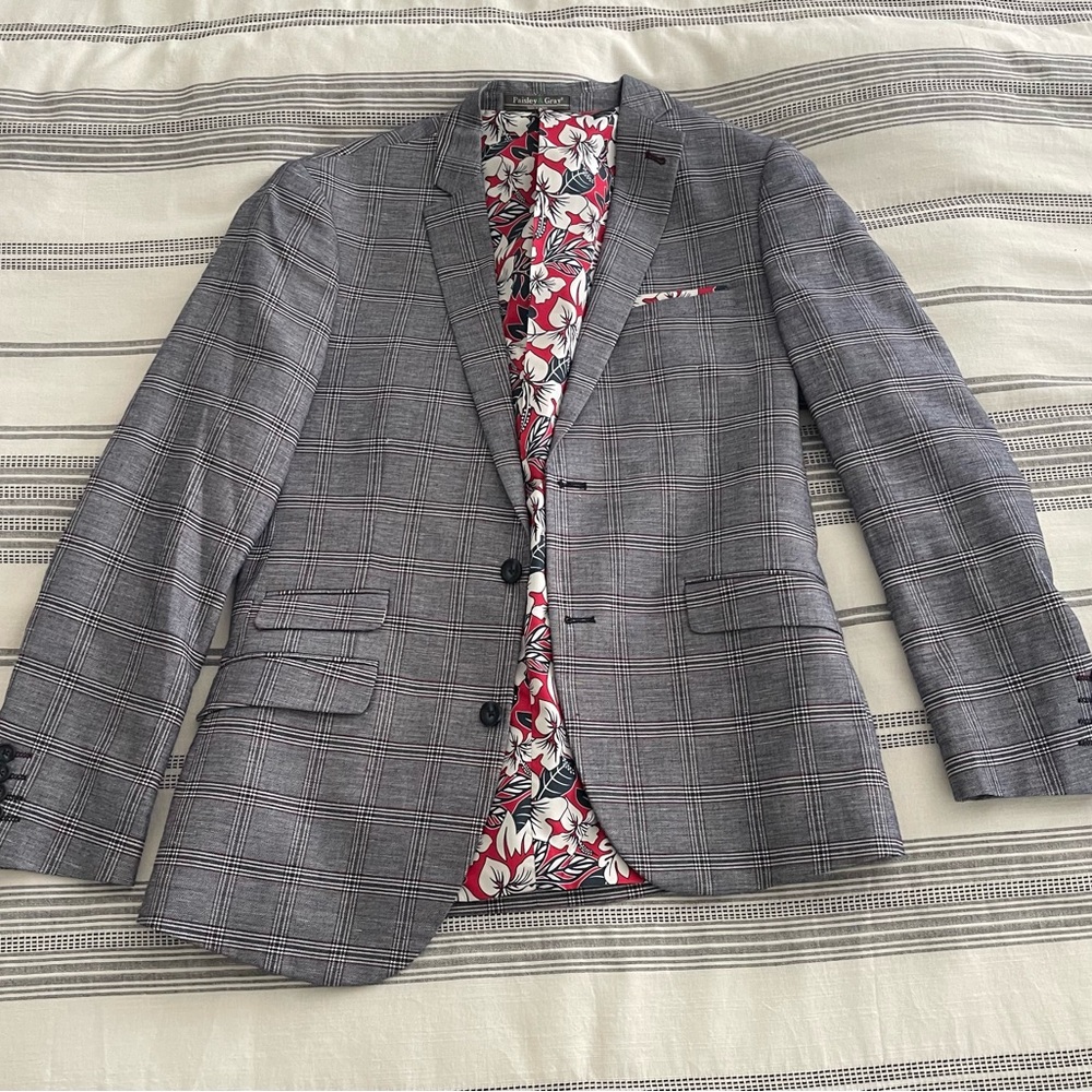 Men's Gray Plaid Blazer with Floral Lining